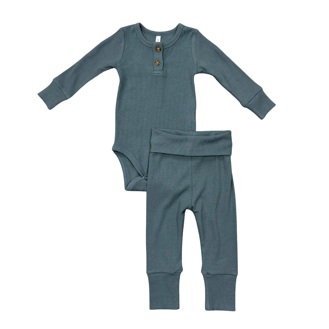 Ribbed Henley Bodysuit Set - Slate