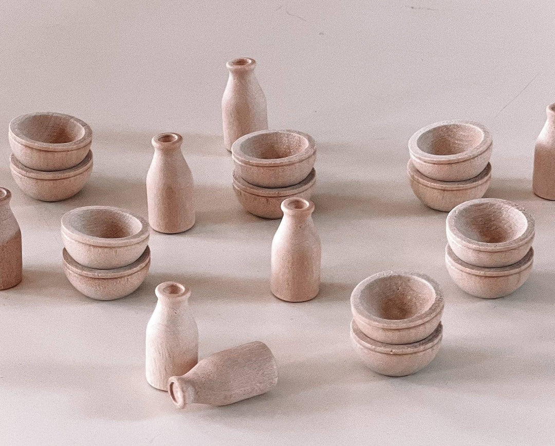 Dollhouse Milk Bottle & Cereal Bowl Set | Natural Wood