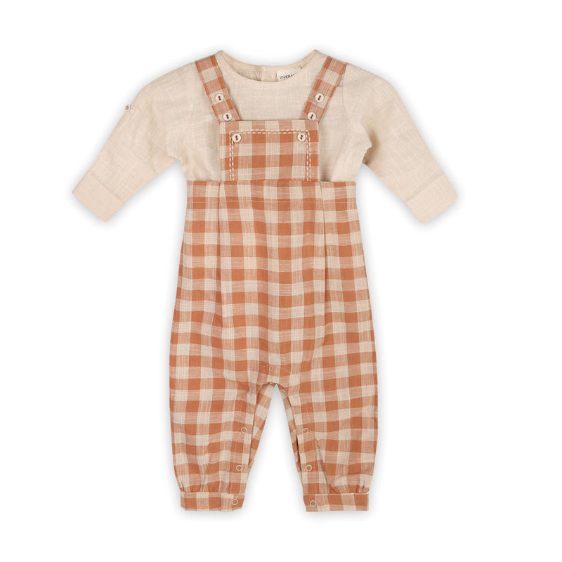 Gingham Overall & Plain Slub Shirt SET (Organic)