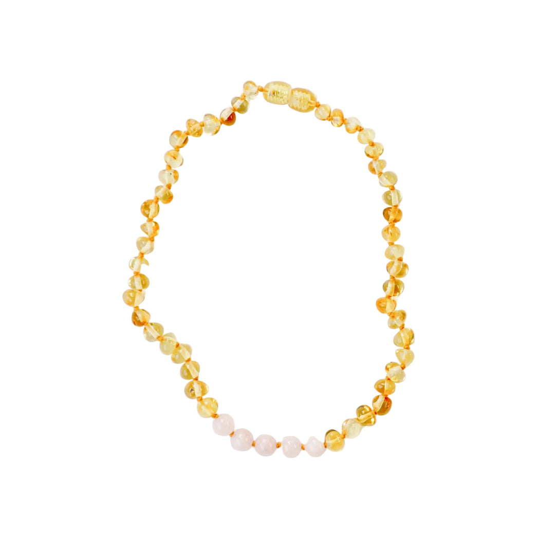 Polished Honey Baltic Amber + Pink Rose Quartz || Necklace