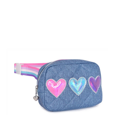 Metallic Heart-Patched Quilted Denim Fanny Pack