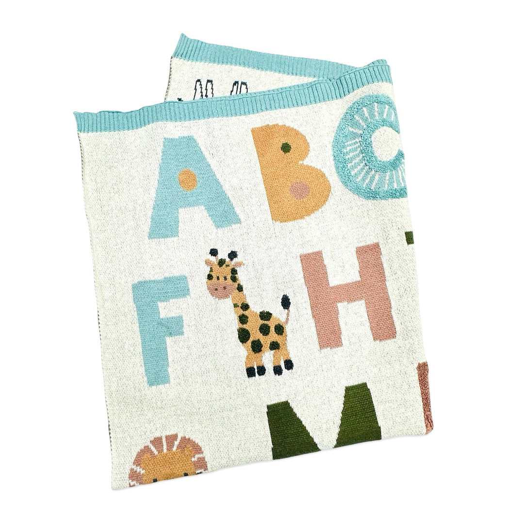 Organic Jacquard Sweater Knit Baby Blanket - Blue Alphabet