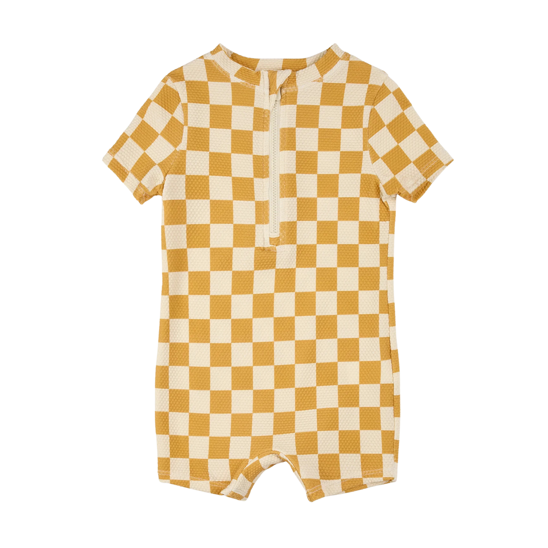 Orange Checkerboard Swim Romper