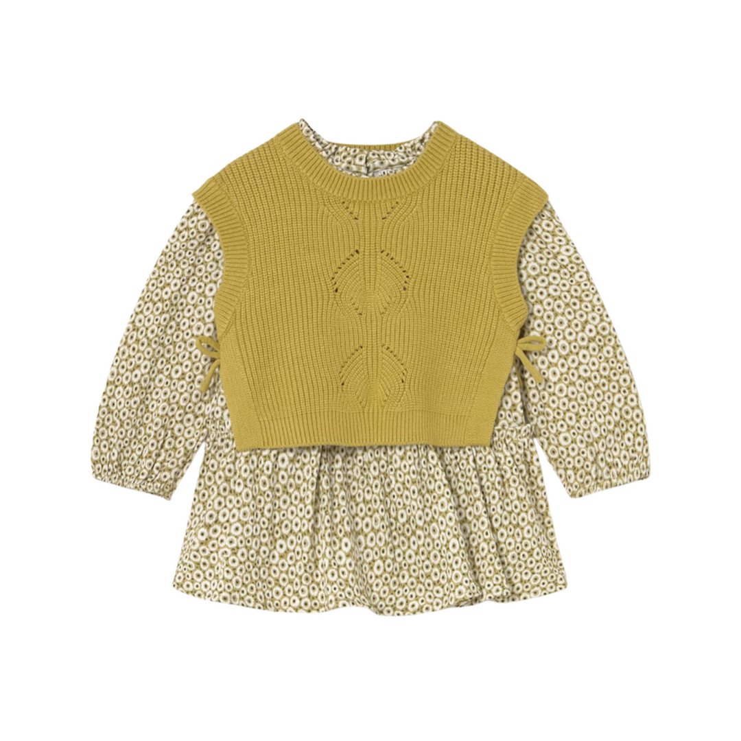 Floral Dress with Faux Knit Vest - Light Olive