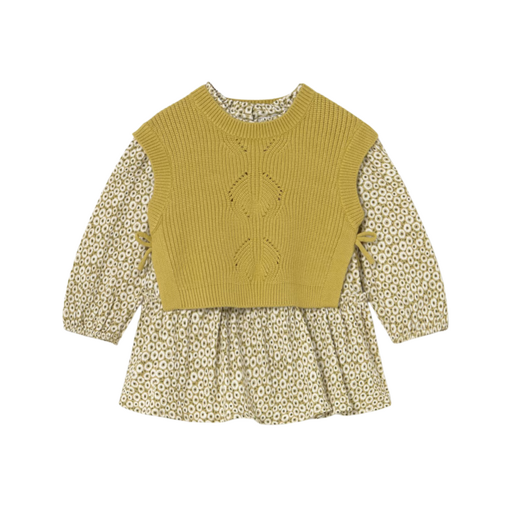 Floral Dress with Faux Knit Vest - Light Olive