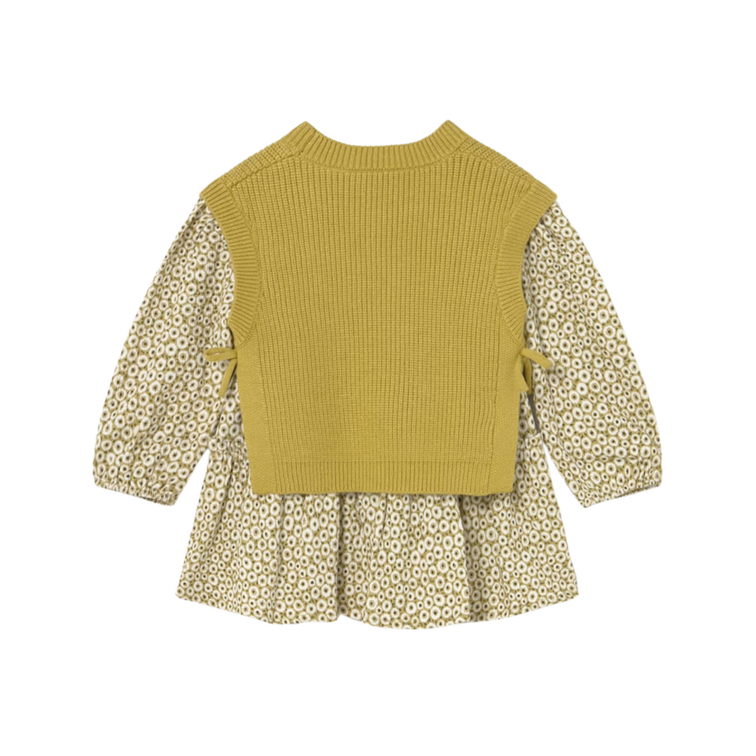 Floral Dress with Faux Knit Vest - Light Olive