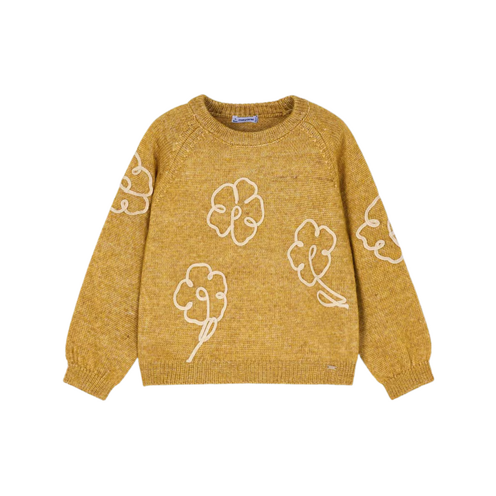 Flowers Applique Knit Sweater - Mustard