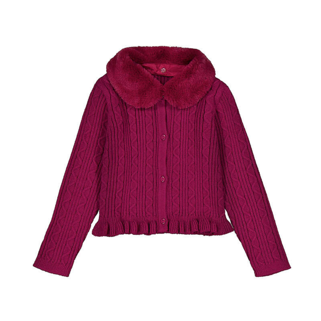 Faux Fur Collar Cardigan - Raspberry
