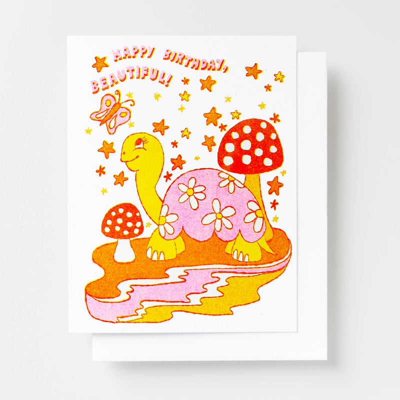 Happy Birthday Beautiful Mushroom and Tortoise Card