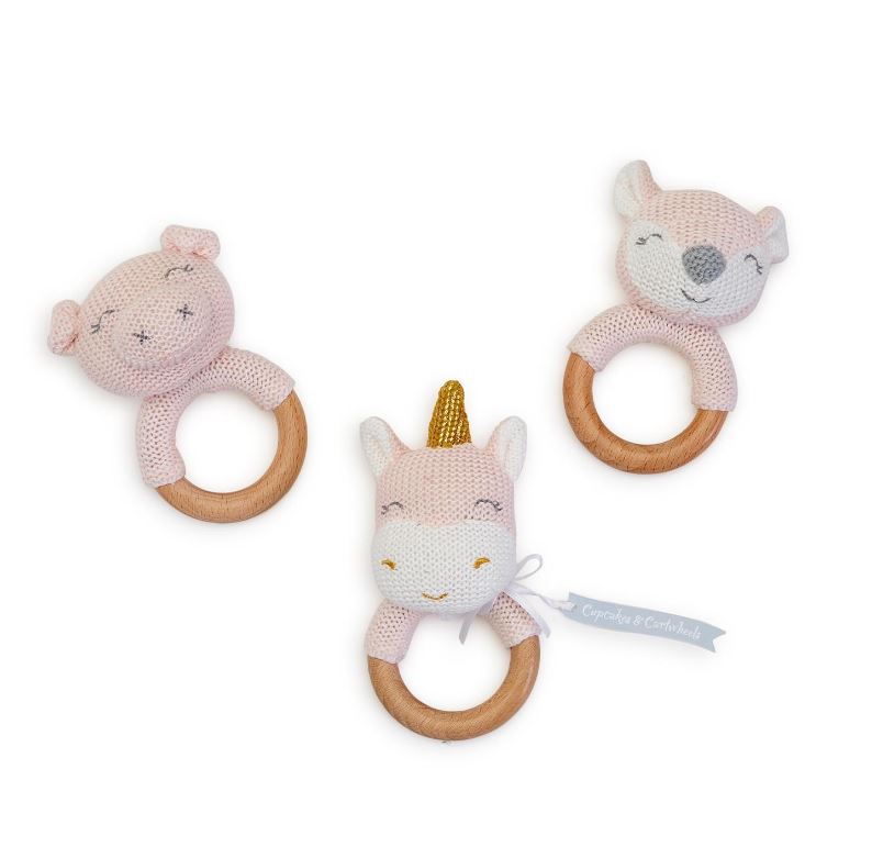 Knit Pink Animal Rattle with Wood Ring