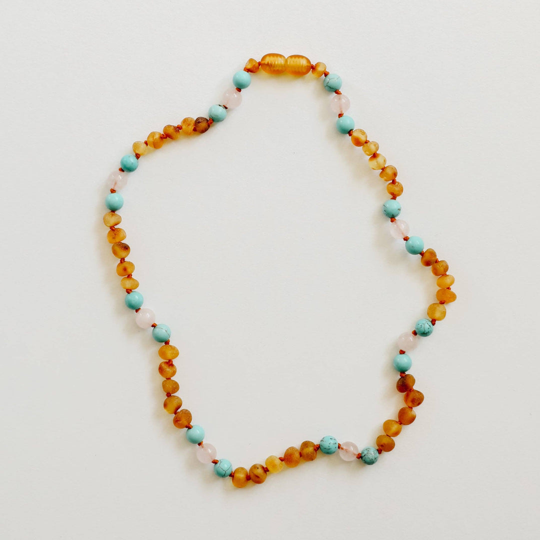 Raw Honey Baltic Amber and Natural Turquoise + Rose Quartz Necklace