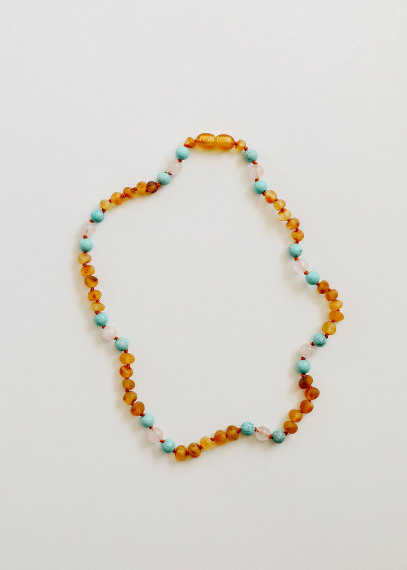Raw Honey Baltic Amber and Natural Turquoise + Rose Quartz Necklace